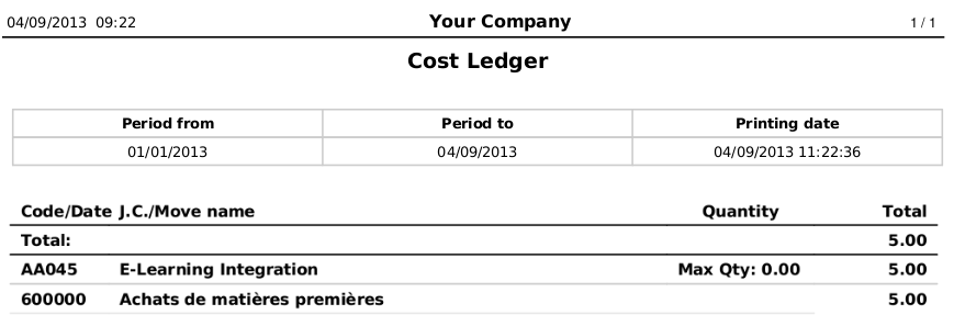 analytic cost ledger quantity