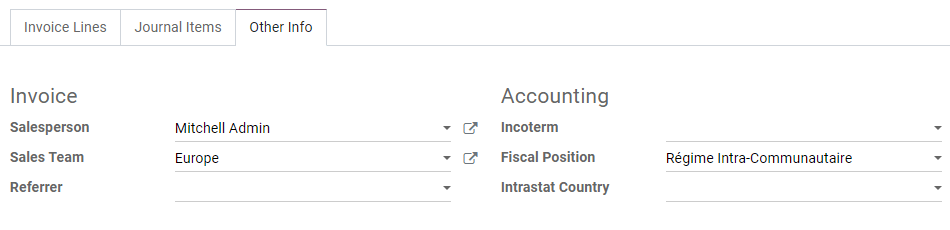 Selection of a Fiscal Position on a Sales Order / Invoice / Bill in Odoo Accounting