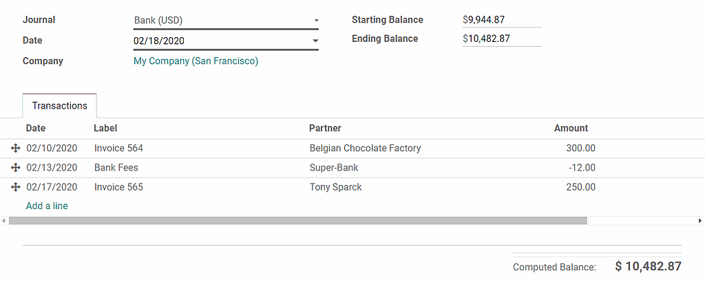 Register bank statements manually in Odoo Accounting