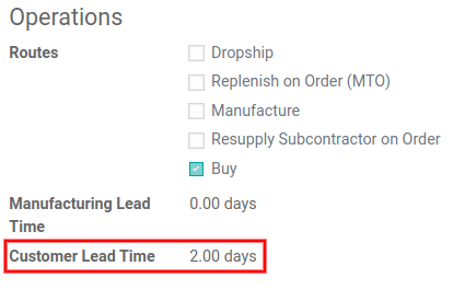View of the customer lead time configuration from the product form
