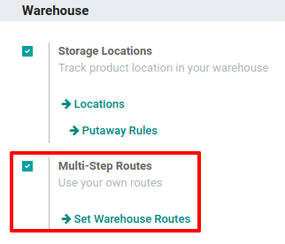 View of the features to enable in order to use multi-step routes for goods reception