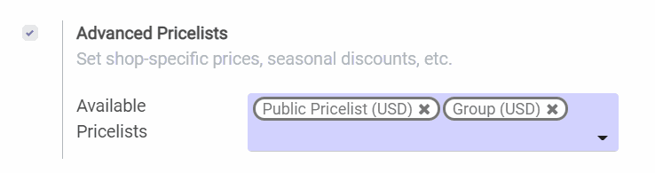 View of the pricelist feature