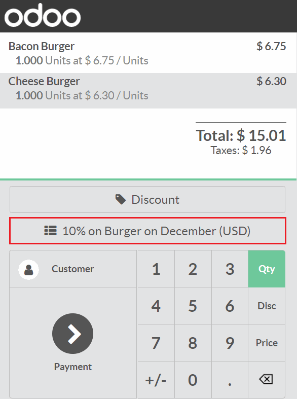 View of the button to use for time-limited discounts via the pos interface
